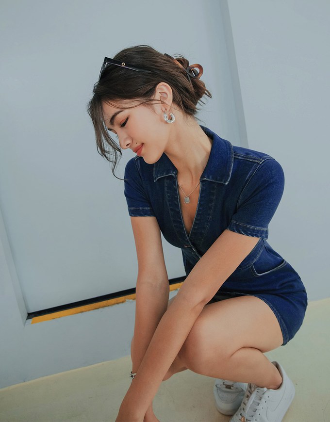 Deep V Lapel Fitted Short Denim Jeans Dress
