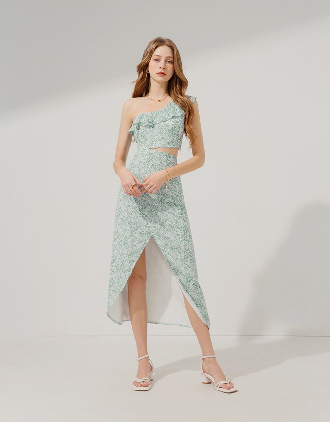 One-Shoulder Floral Slit Maxi Long Dress (With Padding)
