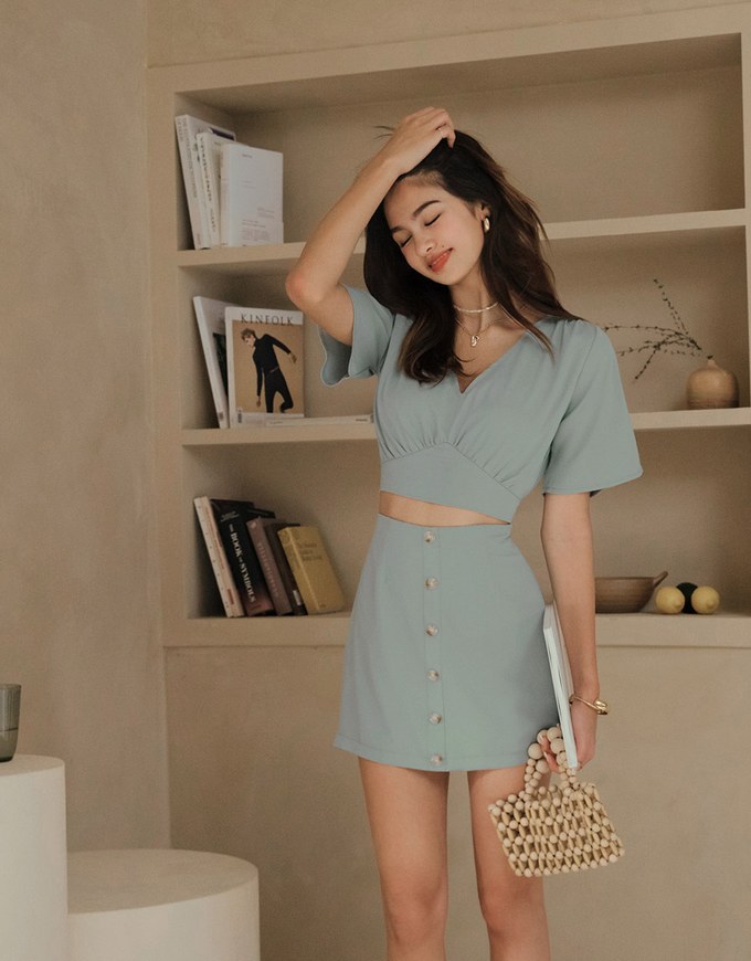 Dainty V-Neck Tie Back Top + Skorts Set Wear