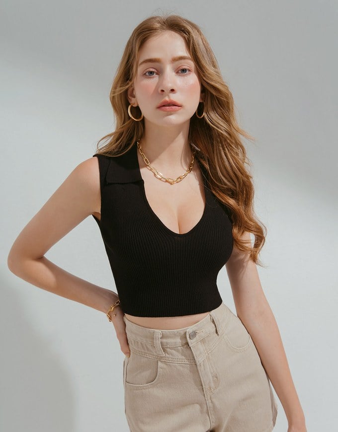 Avant-Garde Deep V Lapel Knit Crop Top