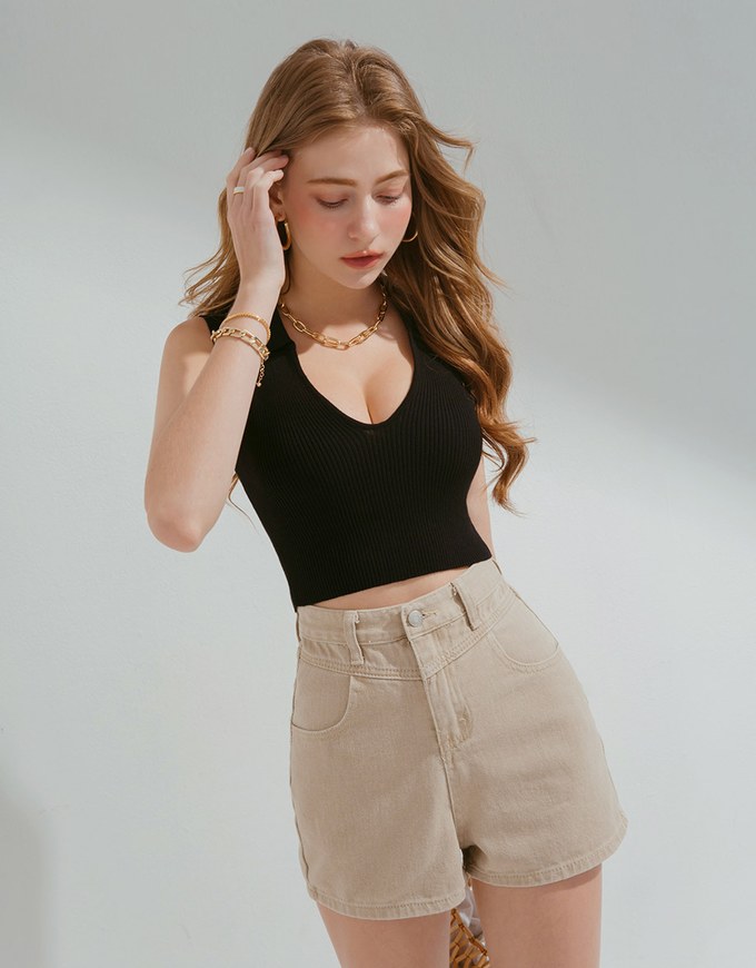 Avant-Garde Deep V Lapel Knit Crop Top