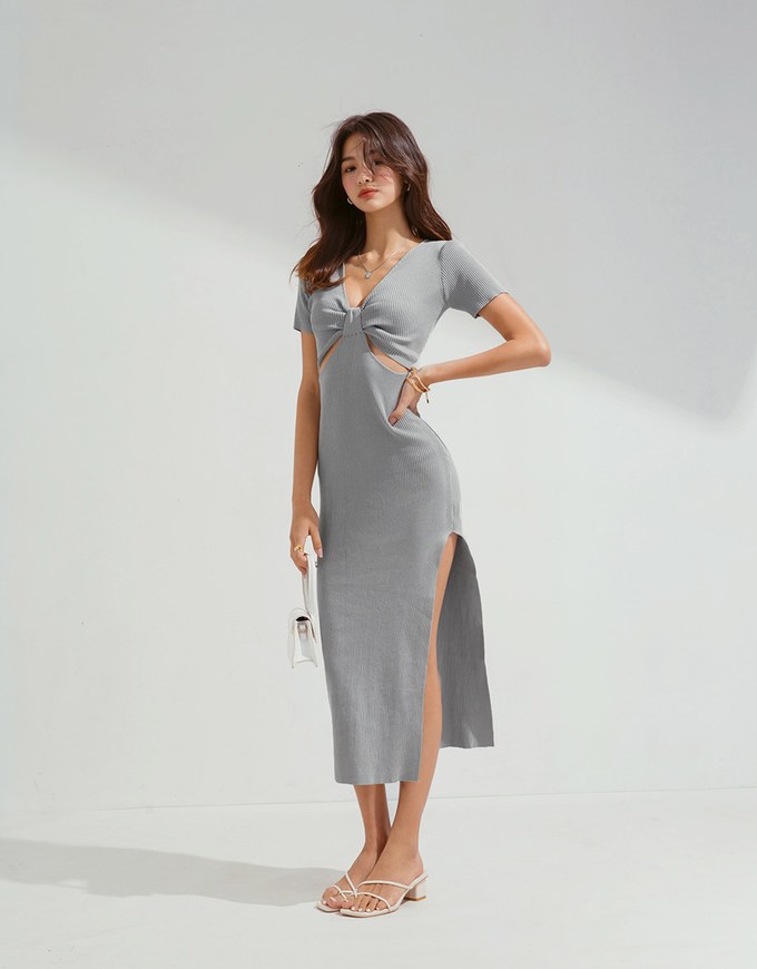 Hollow Wrinkled SideSlit Knit Long Dress