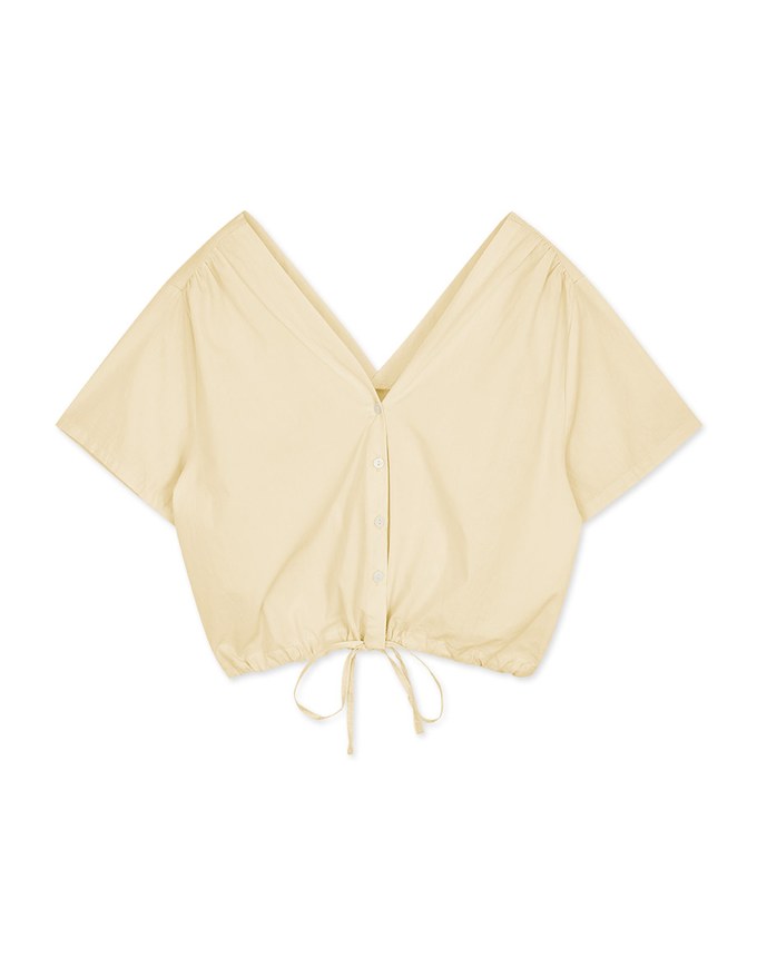 V-Neck Shoulder Gripping Pleats Under The Draw Tied Button Fastening Top
