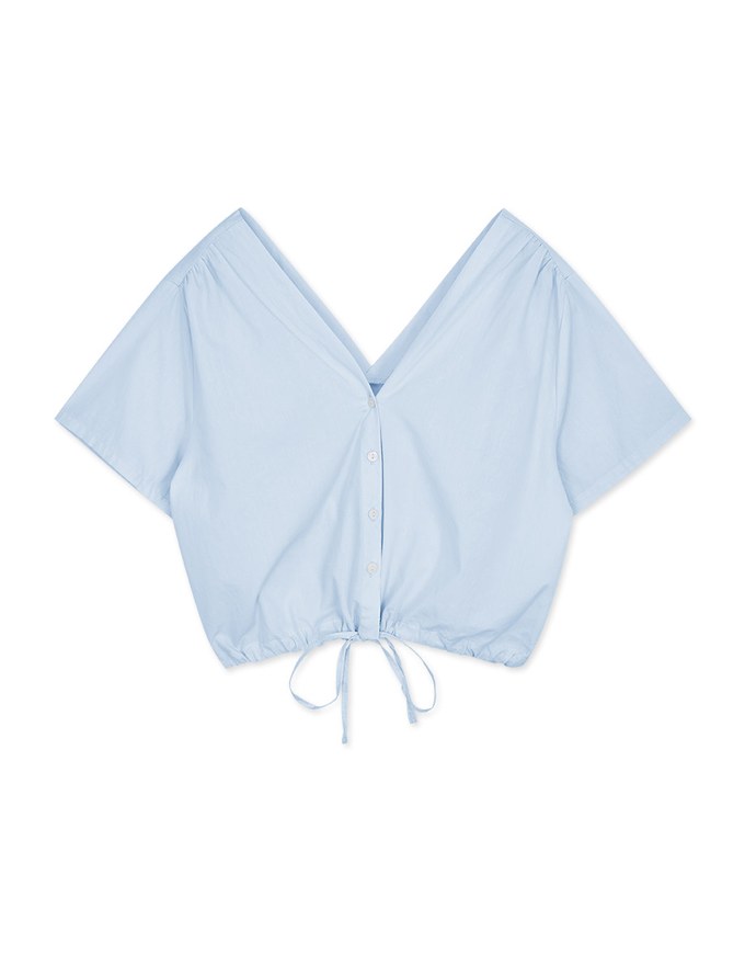 V-Neck Shoulder Gripping Pleats Under The Draw Tied Button Fastening Top