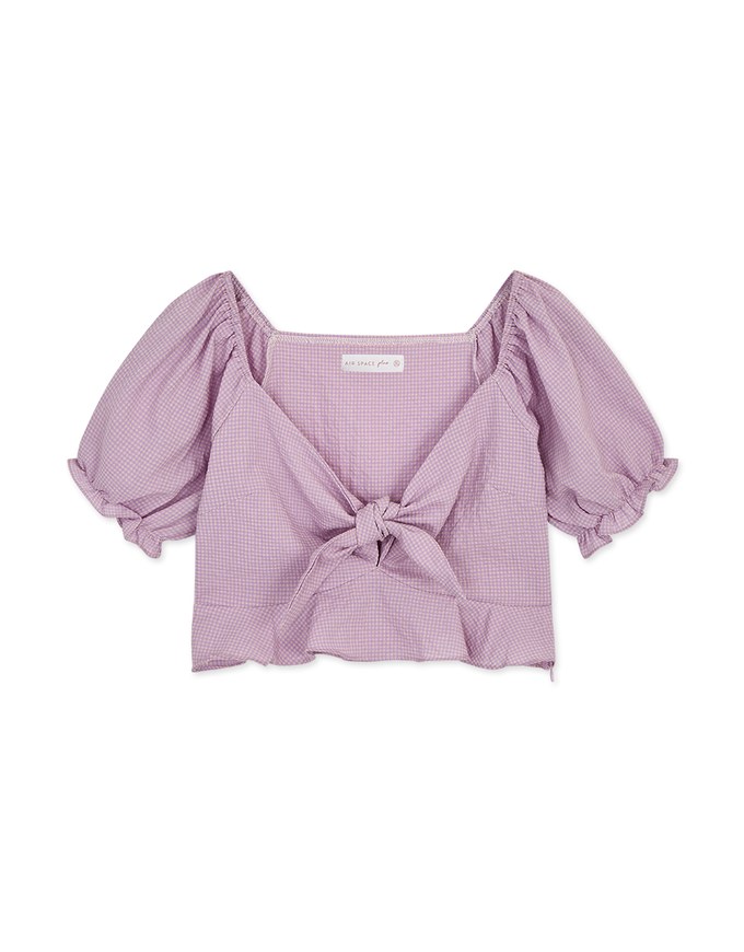 Fine Checkered Front Knot Puff Sleeve Crop Top