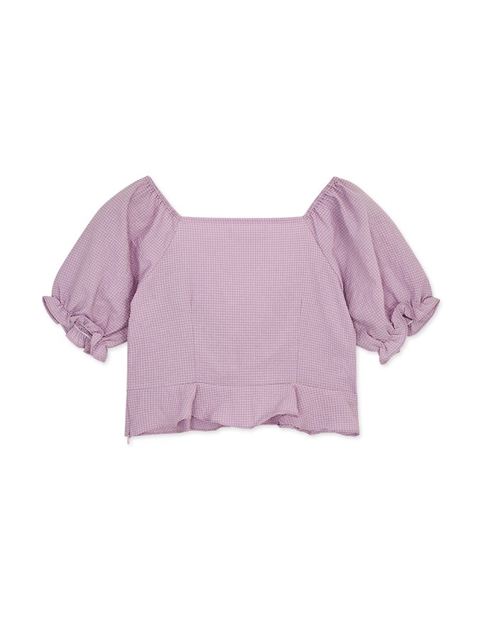 Fine Checkered Front Knot Puff Sleeve Crop Top
