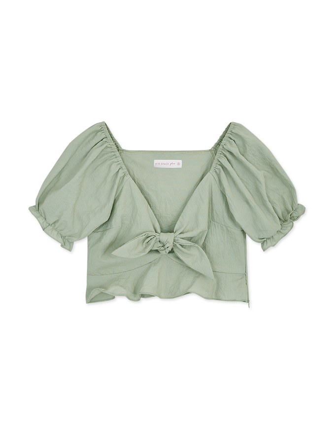 Fine Checkered Front Knot Puff Sleeve Crop Top