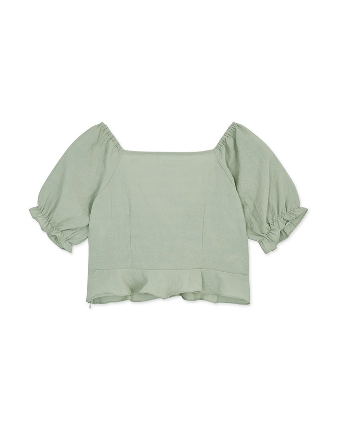 Fine Checkered Front Knot Puff Sleeve Crop Top