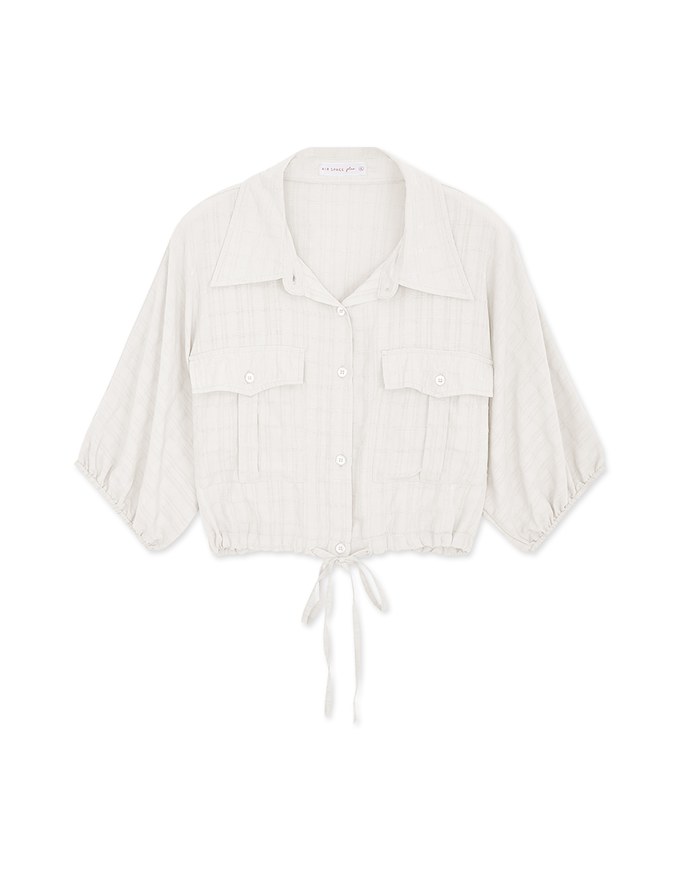 Sheer Gingham Hem Drawstring Pocket Blouse Shirt