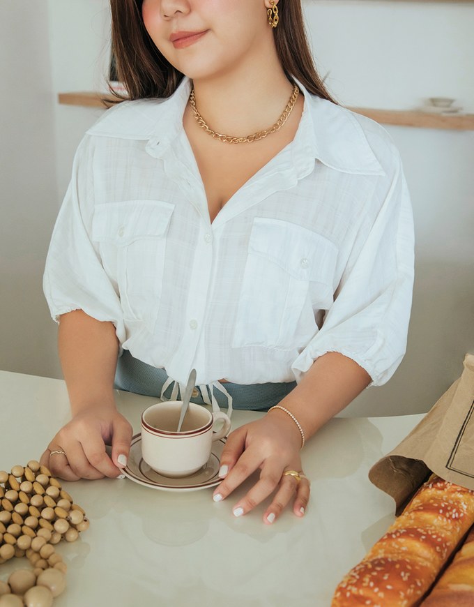 Sheer Gingham Hem Drawstring Pocket Blouse Shirt