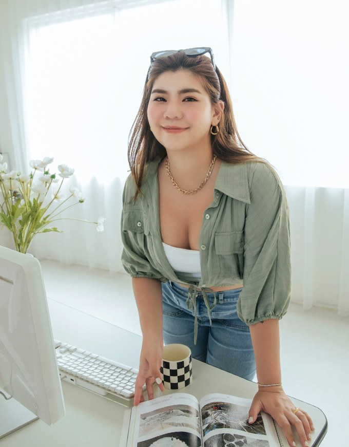 Sheer Gingham Hem Drawstring Pocket Blouse Shirt