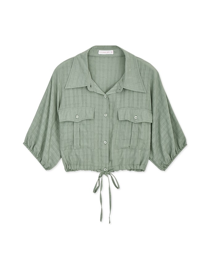 Sheer Gingham Hem Drawstring Pocket Blouse Shirt
