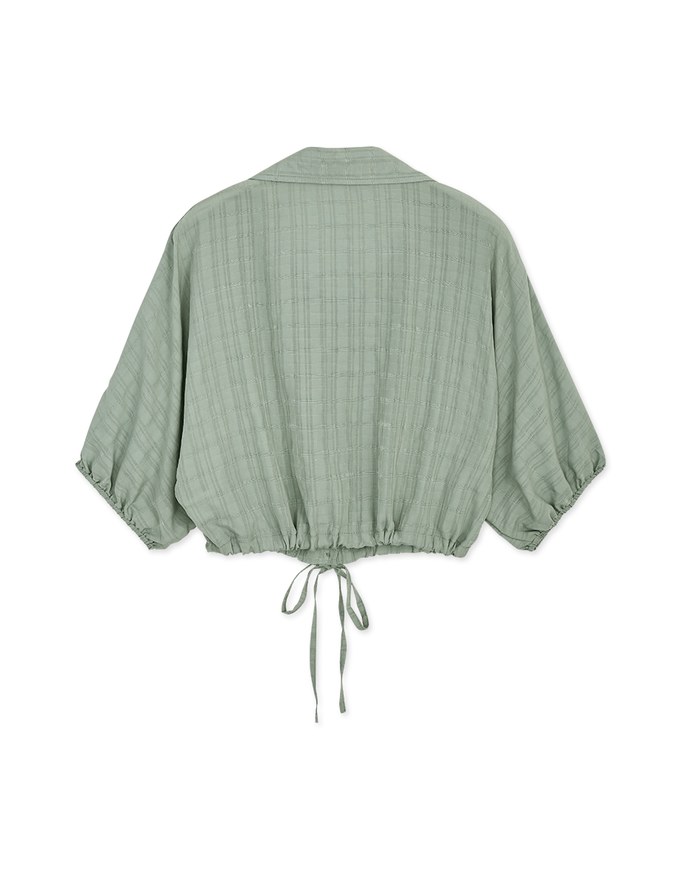 Sheer Gingham Hem Drawstring Pocket Blouse Shirt