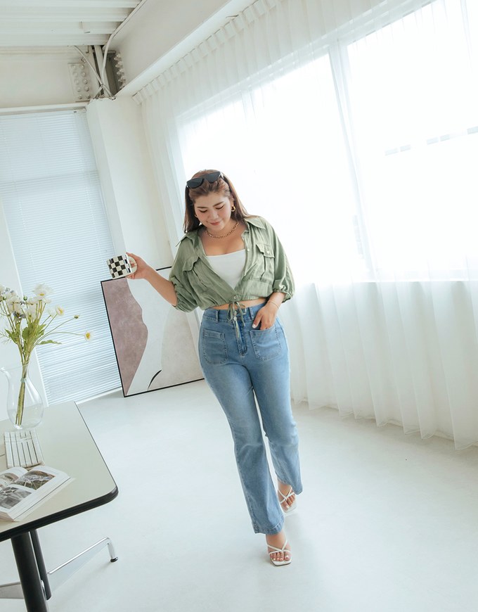 Sheer Gingham Hem Drawstring Pocket Blouse Shirt