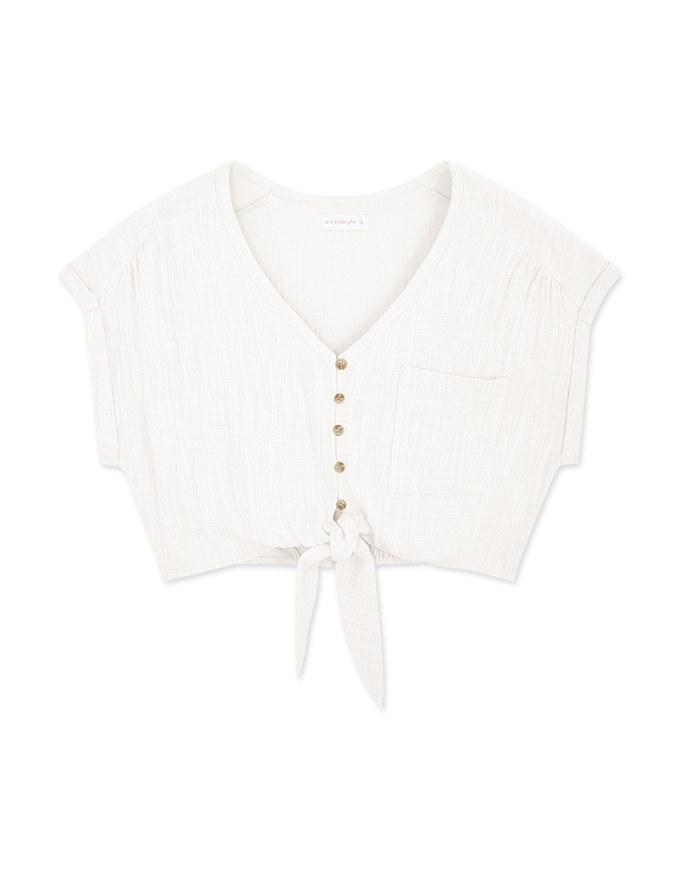 Crinkled Front-Tie Sleeveless Crop Cotton Top