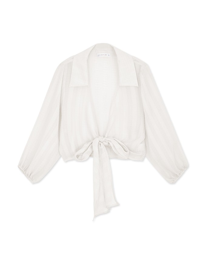 Striped Tie-Ribbon Sheer Crop Blouse Shirt
