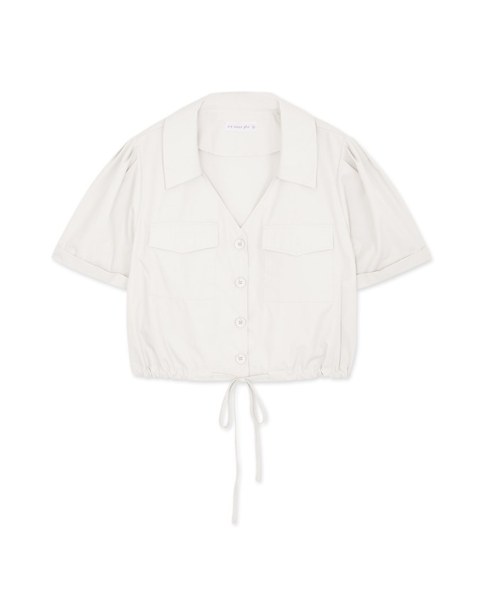 Double Pockets Waist Drawstring Crop Blouse Shirt