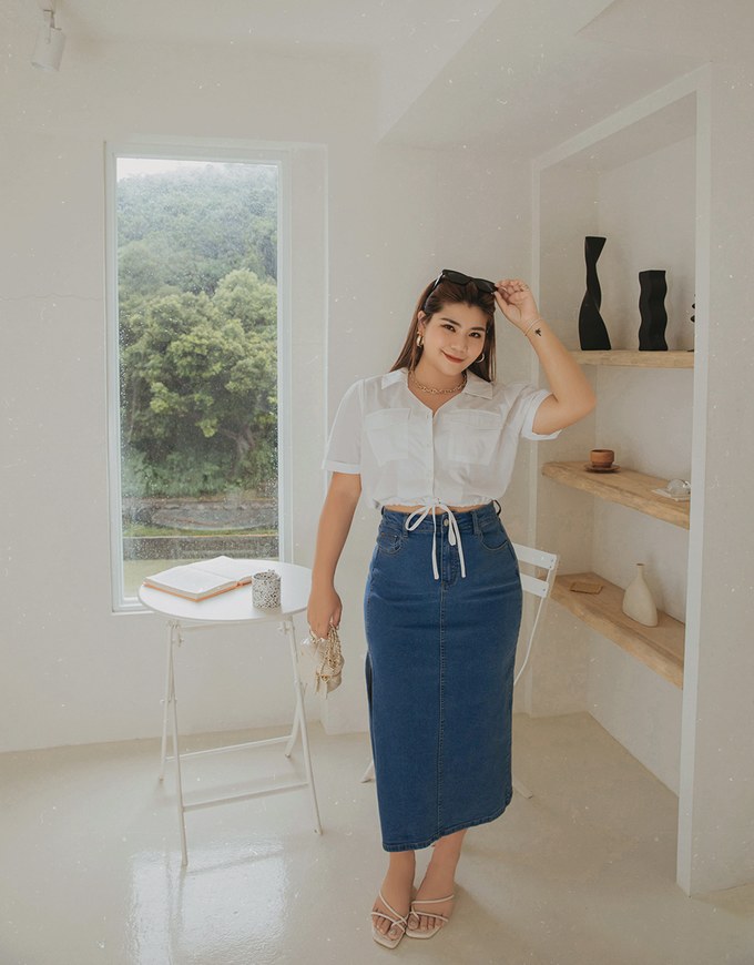 Double Pockets Waist Drawstring Crop Blouse Shirt
