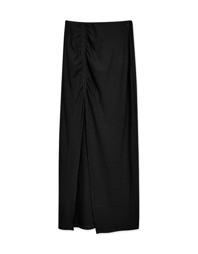 Minimalist Side Scrunch Slit Knit Maxi Skirt