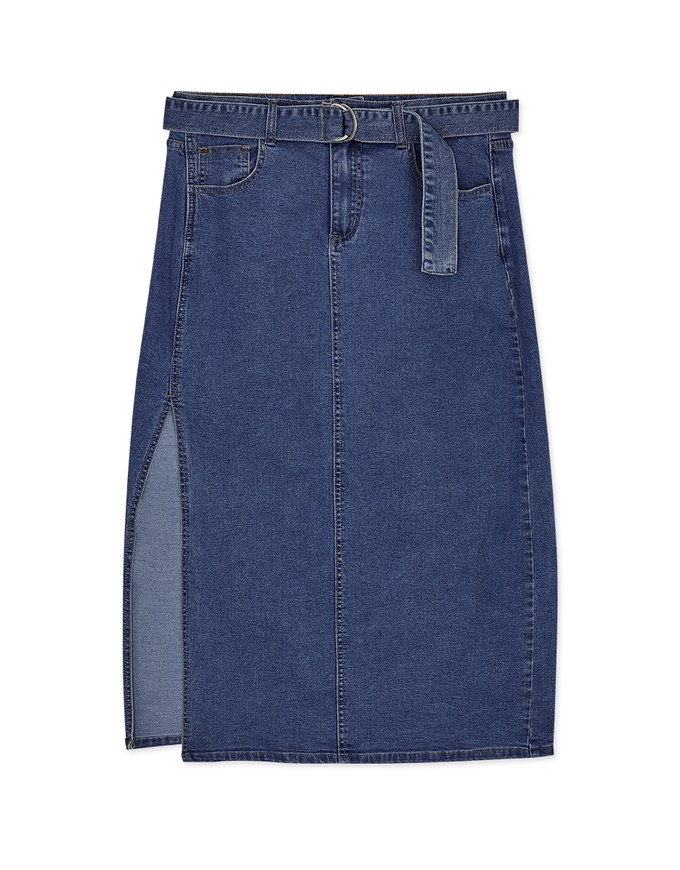 Side Slit Denim Jeans Pencil Skirt (With Belt)