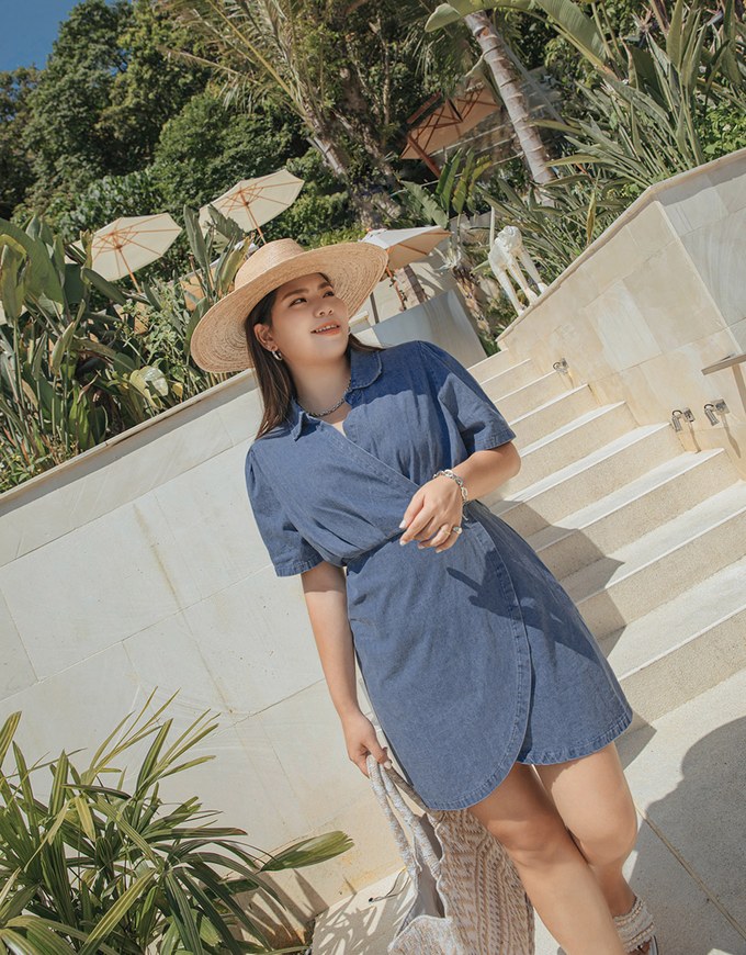 Voguish Arc Overlap Scrunch Denim Jeans Mini Dress