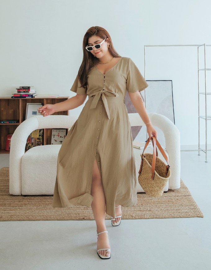 Front Knot Buttoned Slit Maxi Dress