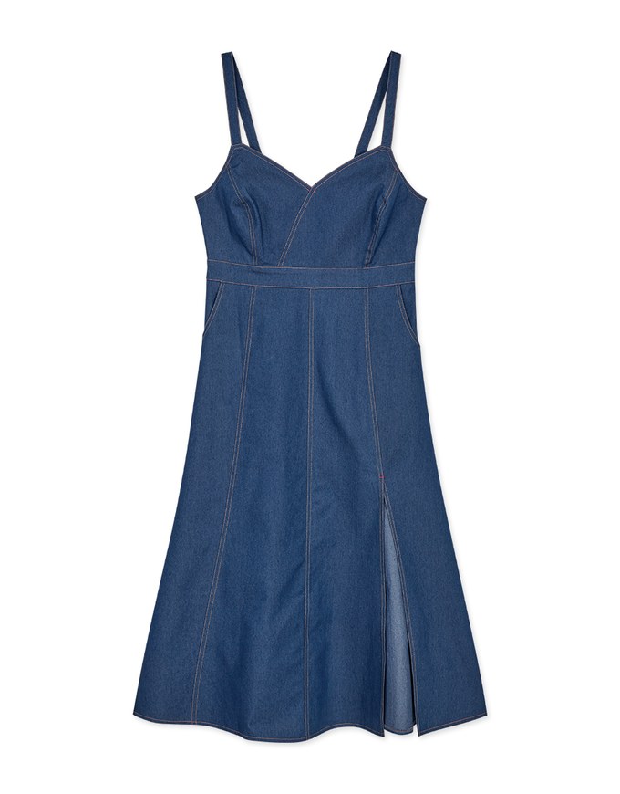Thin Strap Tailored Slit Denim Jeans Maxi Dress