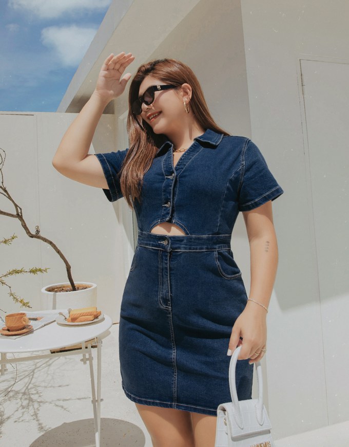 Cut Out Waist Lapel Denim Jeans Mini Dress