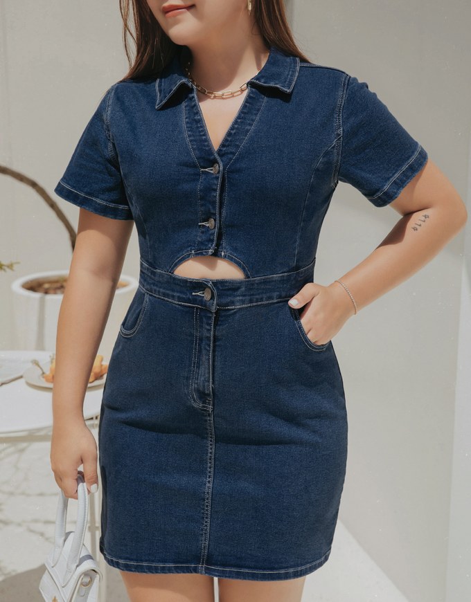 Cut Out Waist Lapel Denim Jeans Mini Dress