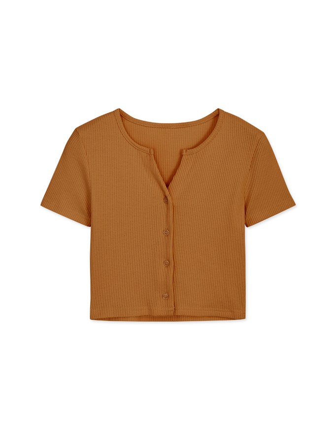 Waffle V-Notch Buttoned Top