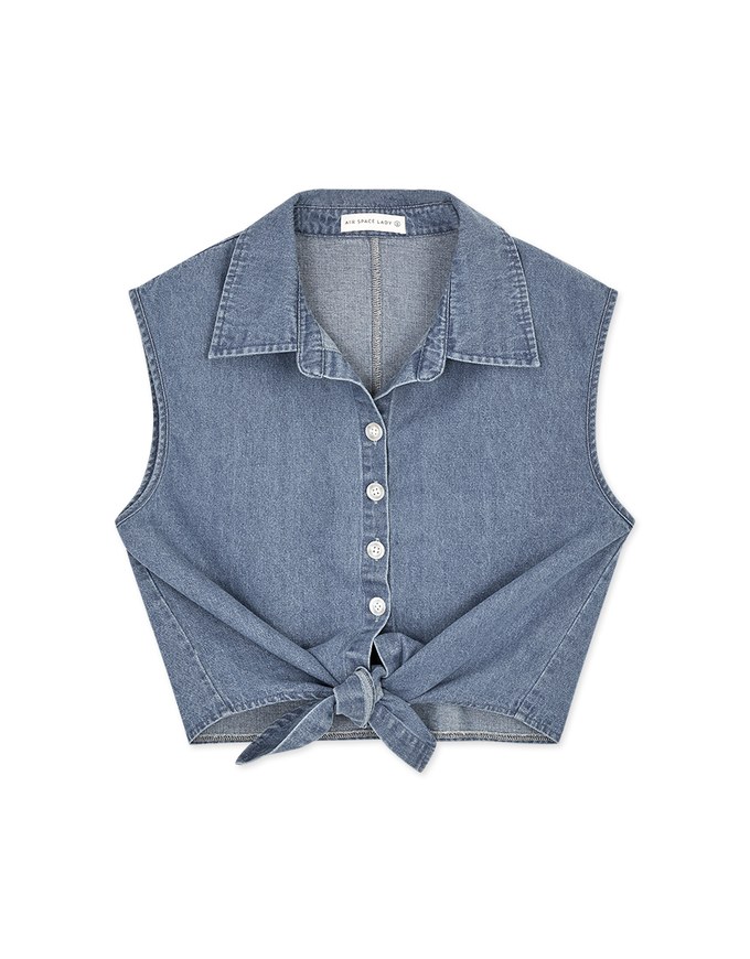 Iconic Front-Tie Denim Jeans Sleeveless Blouse Shirt