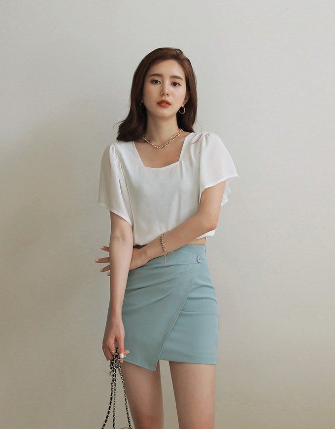 Square Neck Ruffle Sleeve Waist Drawstring Top