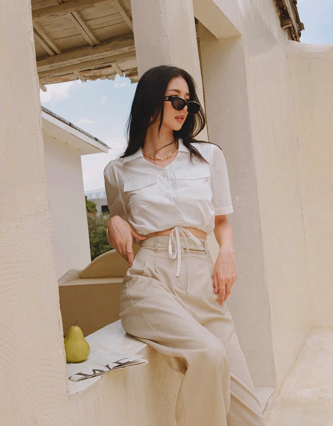 Double Pockets Waist Drawstring Crop Blouse Shirt