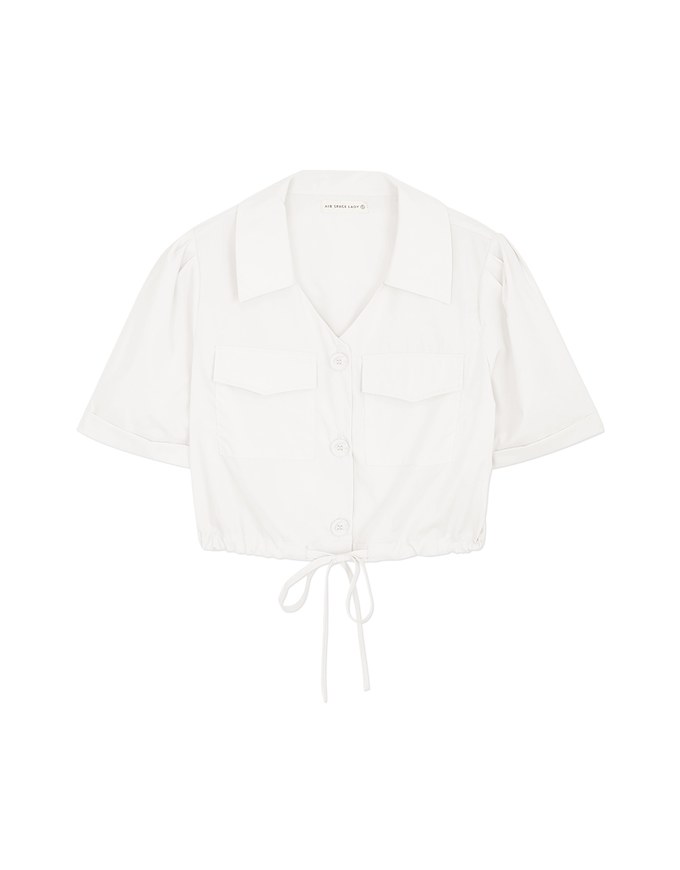Double Pockets Waist Drawstring Crop Blouse Shirt