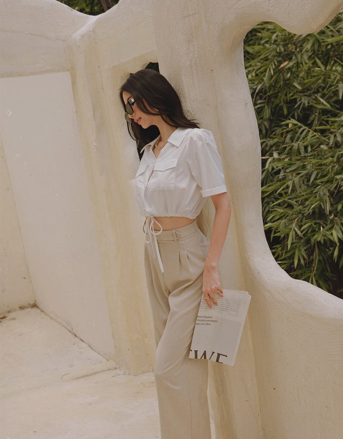 Double Pockets Waist Drawstring Crop Blouse Shirt