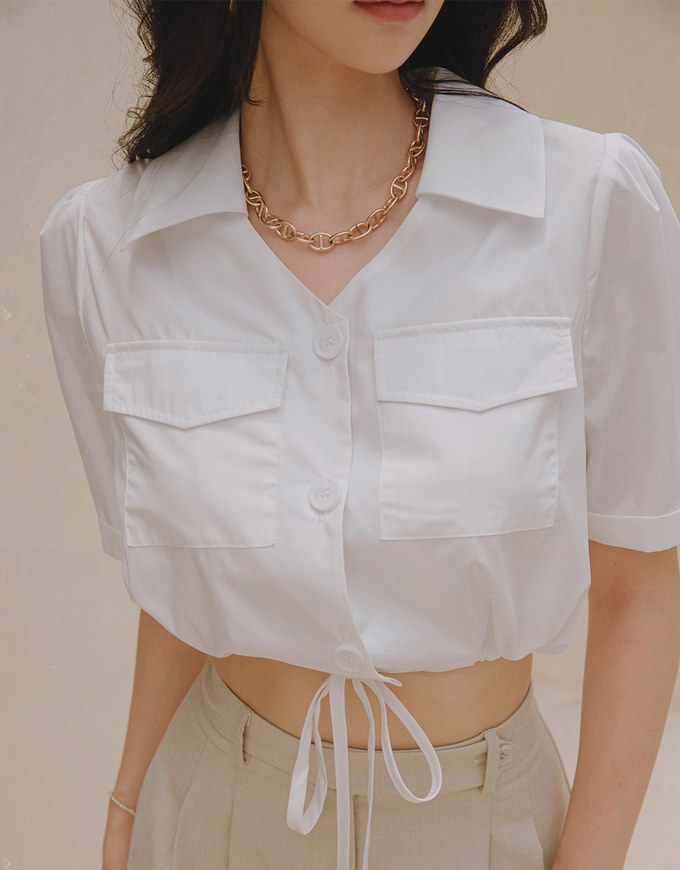 Double Pockets Waist Drawstring Crop Blouse Shirt