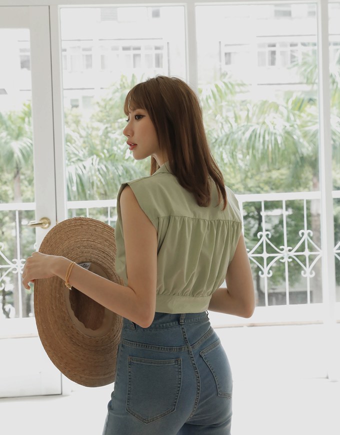 Smart Casual Sleeveless Lapel Crop Blouse Shirt