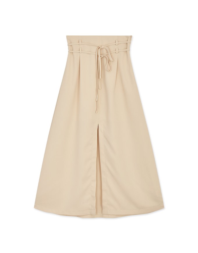 High Waisted Double Thin Belt Slit Maxi Skirt
