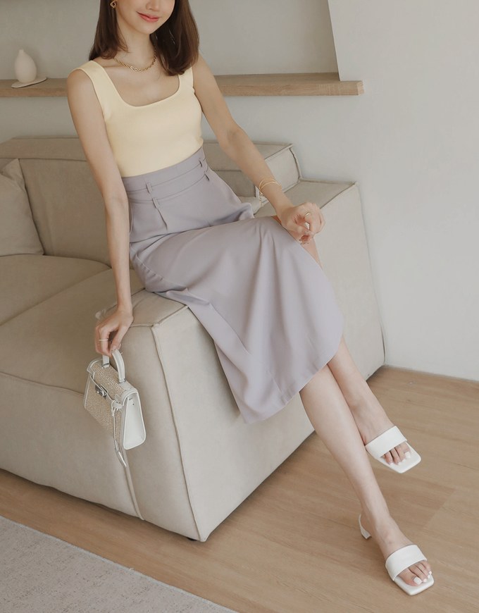 High Waisted Double Thin Belt Slit Maxi Skirt