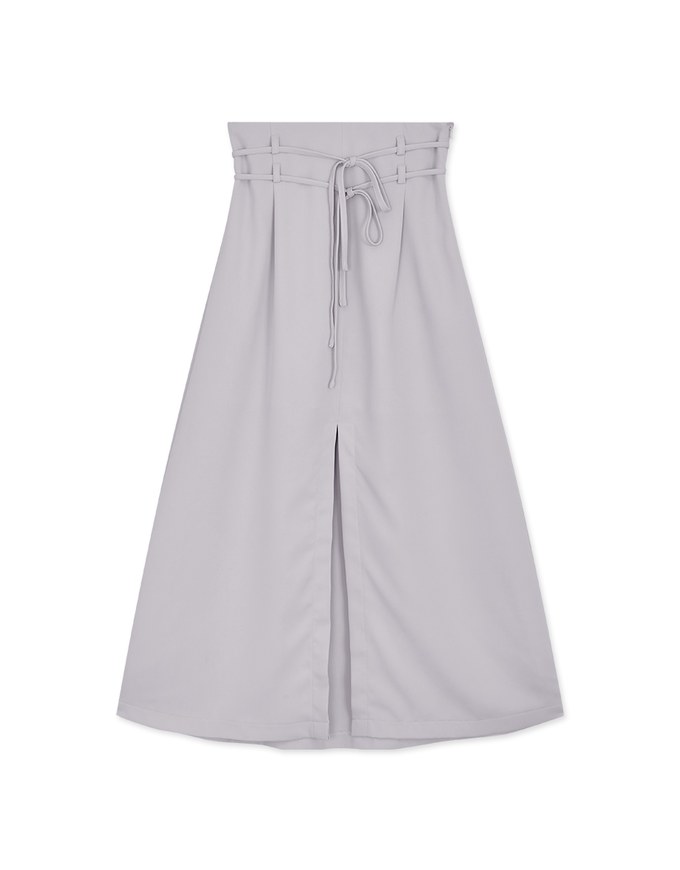 High Waisted Double Thin Belt Slit Maxi Skirt