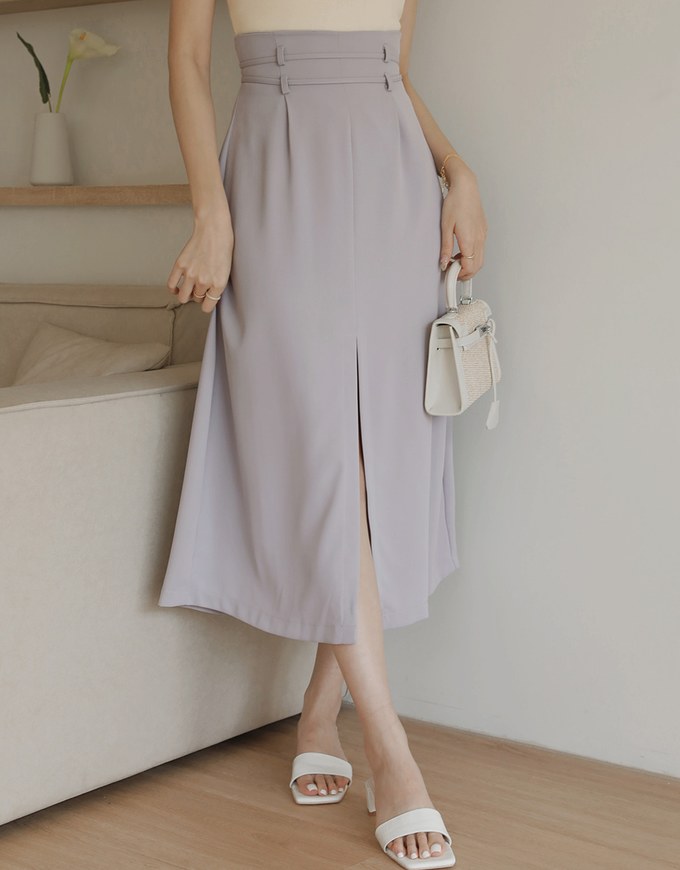 High Waisted Double Thin Belt Slit Maxi Skirt