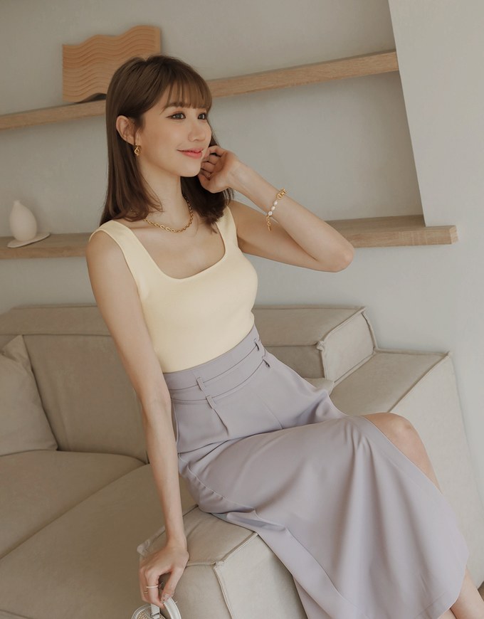 High Waisted Double Thin Belt Slit Maxi Skirt