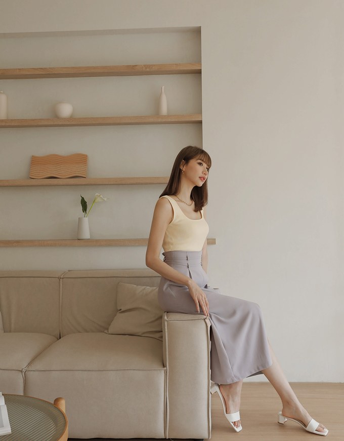 High Waisted Double Thin Belt Slit Maxi Skirt