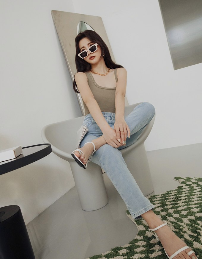 Double Button High Waisted Denim Jeans Slim Fit Pants