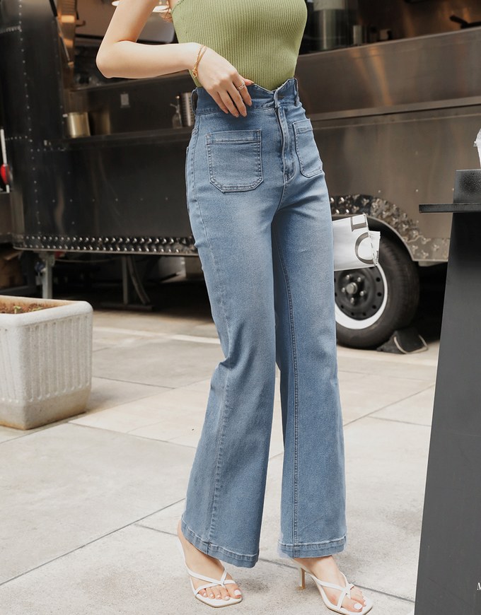 V-Notch Denim Jeans Flare Pants