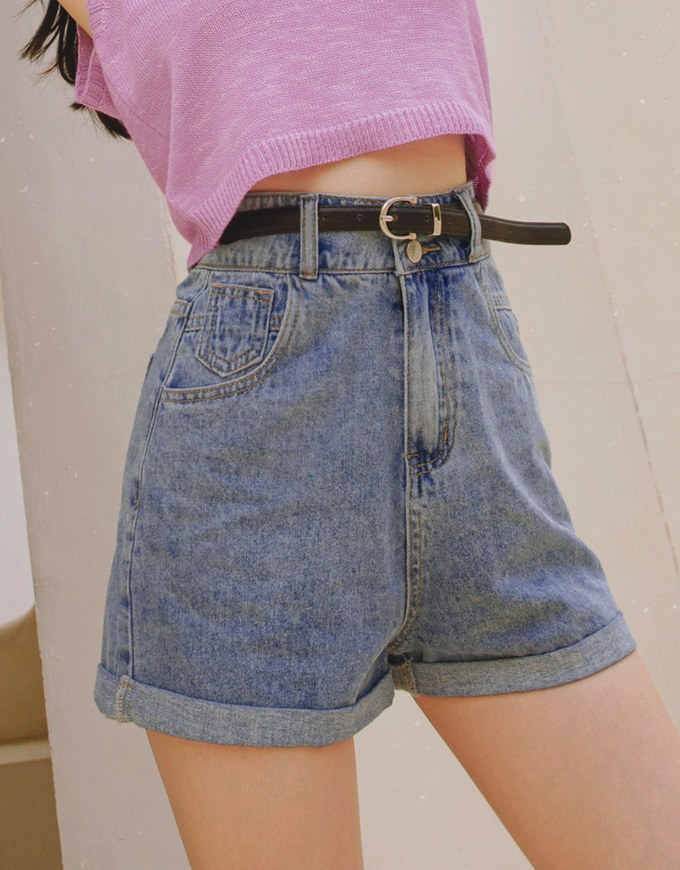 High Waisted Roll Up Denim Jeans Shorts (With Belt)