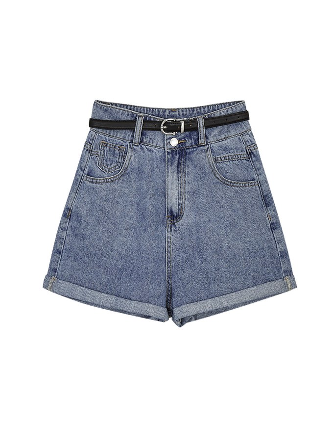 High Waisted Roll Up Denim Jeans Shorts (With Belt)