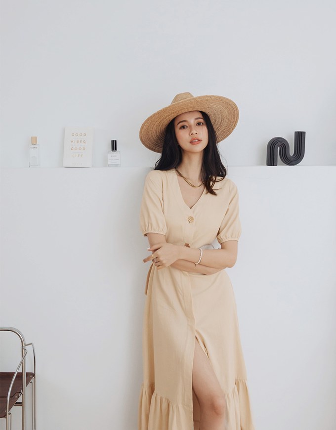 Retro Metallic Button Splice Maxi Dress (With Belt)