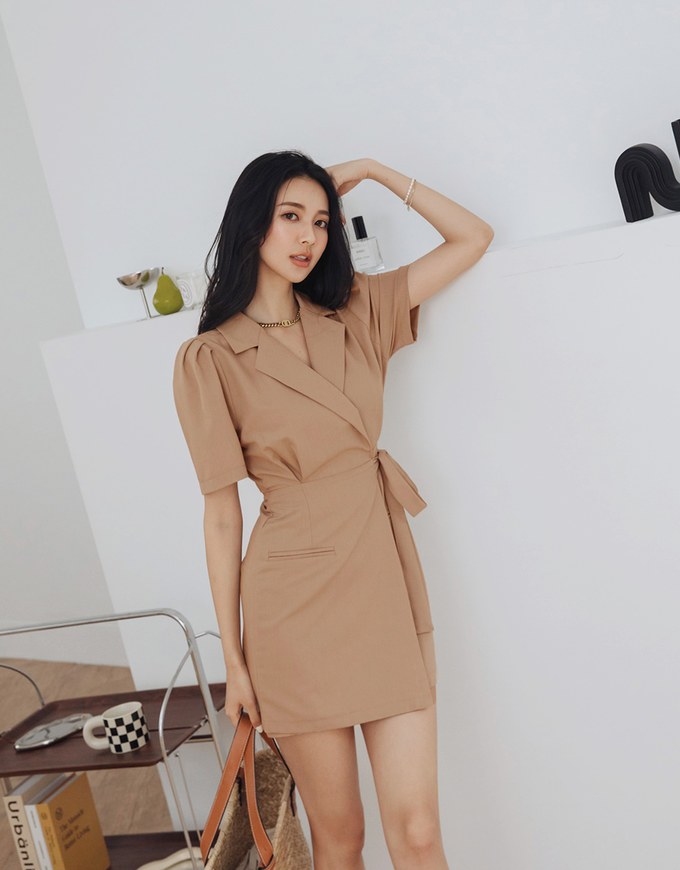 Edgy Chic Side-Tie Scrunch Puff Sleeve Suit Mini Dress