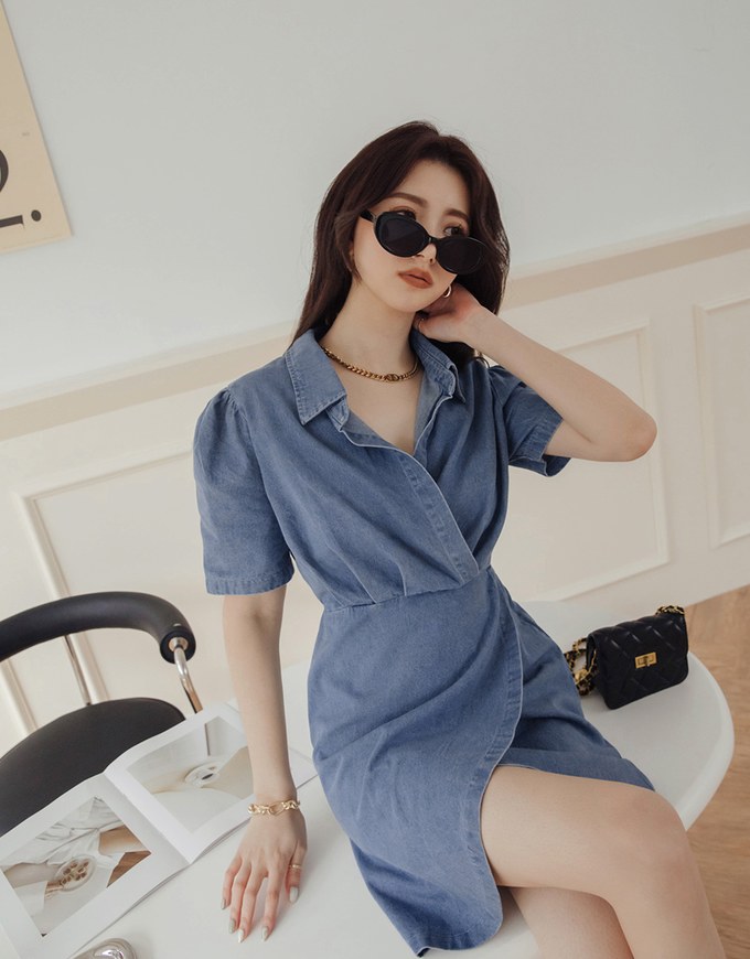 Voguish Arc Overlap Scrunch Denim Jeans Mini Dress